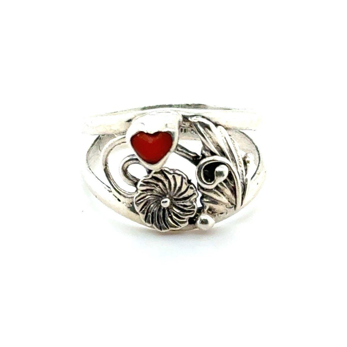 Sterling Silver Heart Shaped Coral Flower Ring