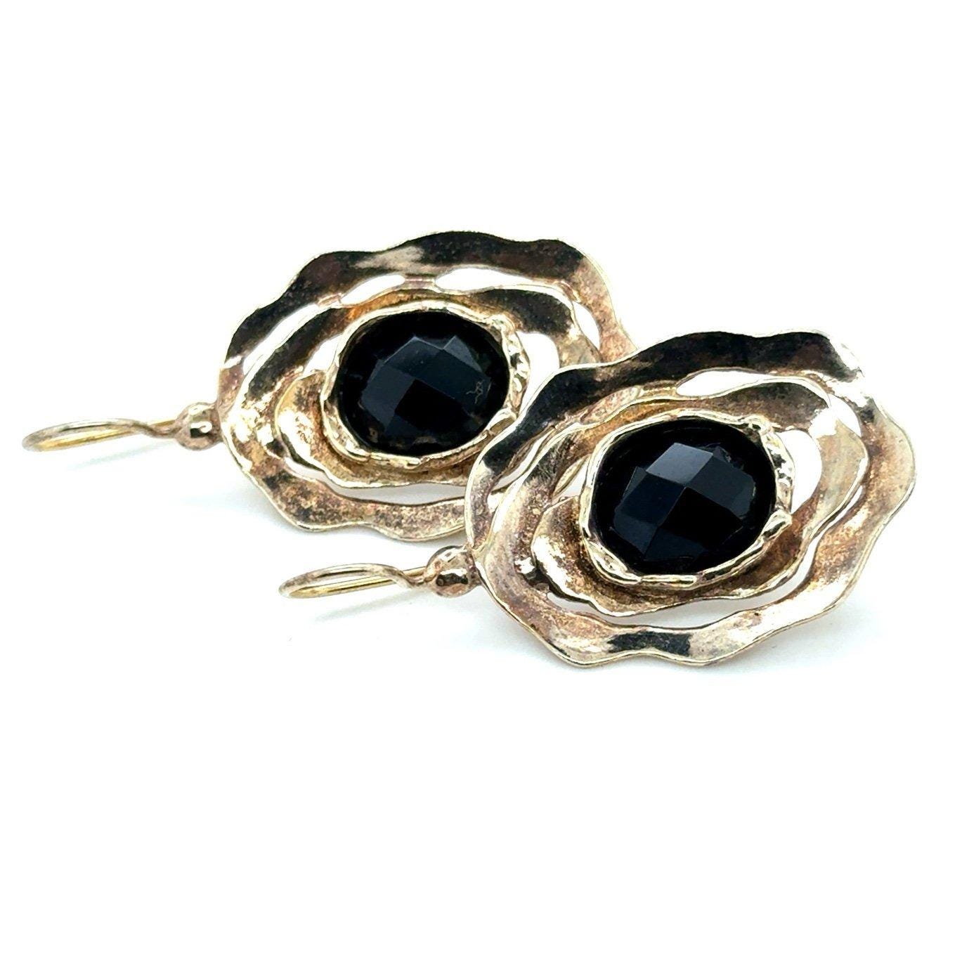 Large 925 Silver Onyx Flower Earrings