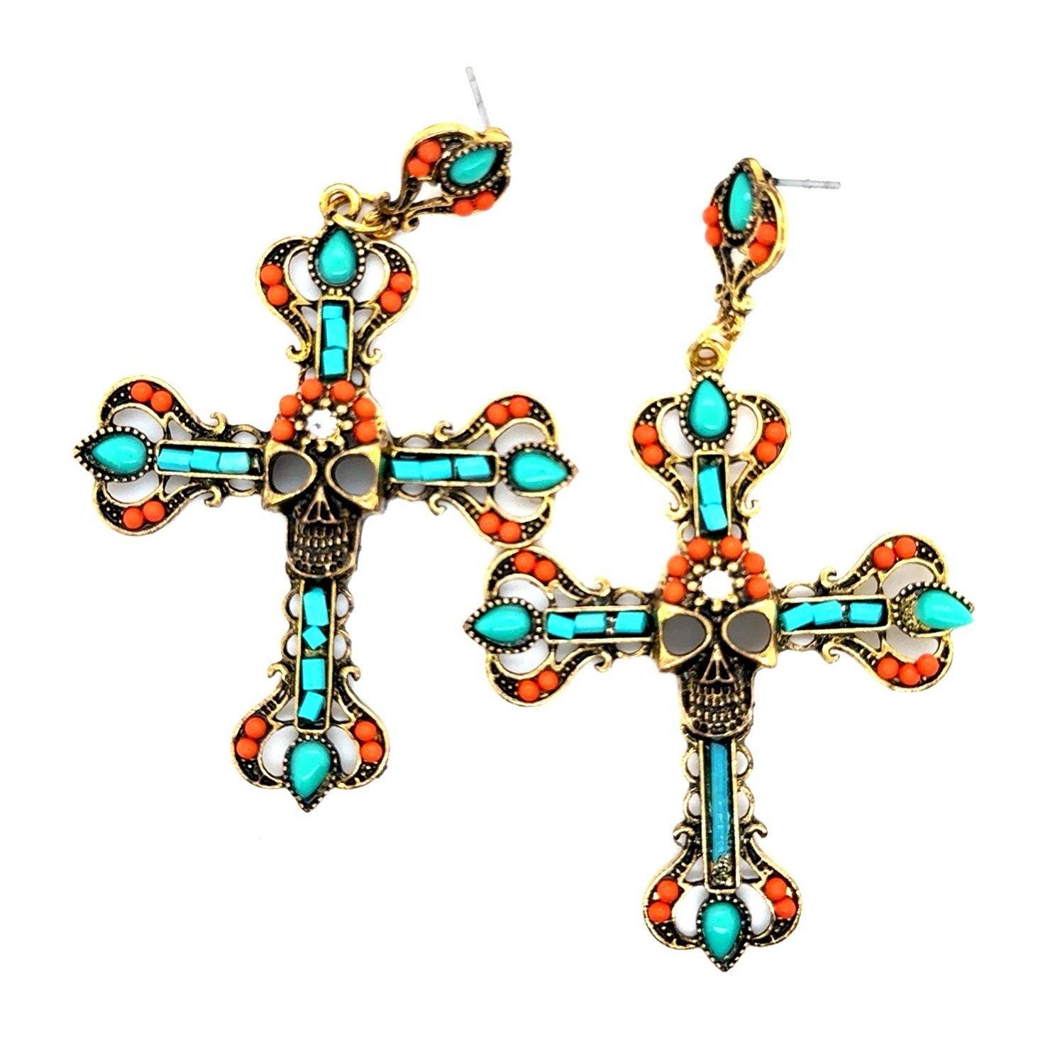 Unique Cross Skull Orange/Blue Stones Earrings