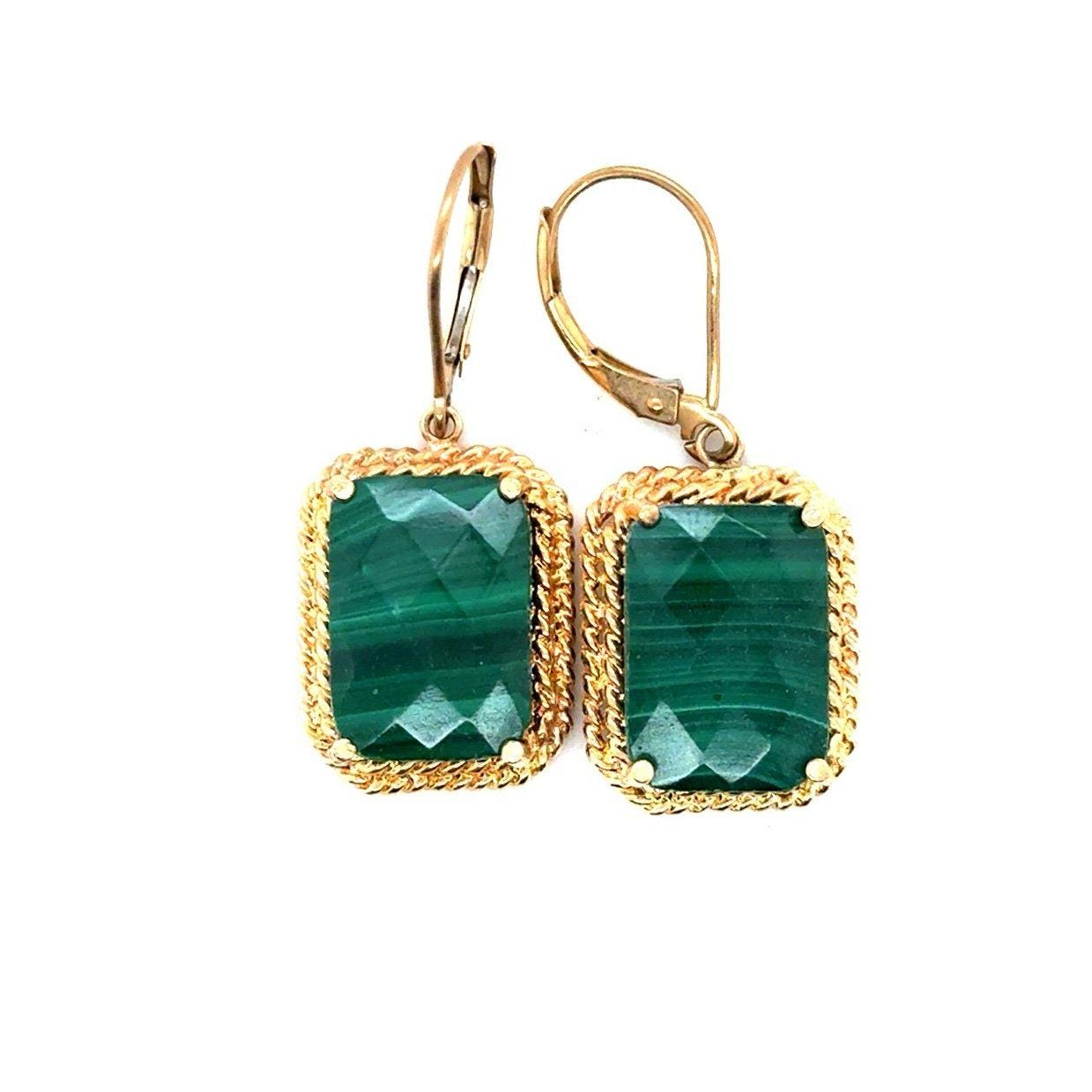Stunning Large 14K Gold Malachite Dangle Earrings