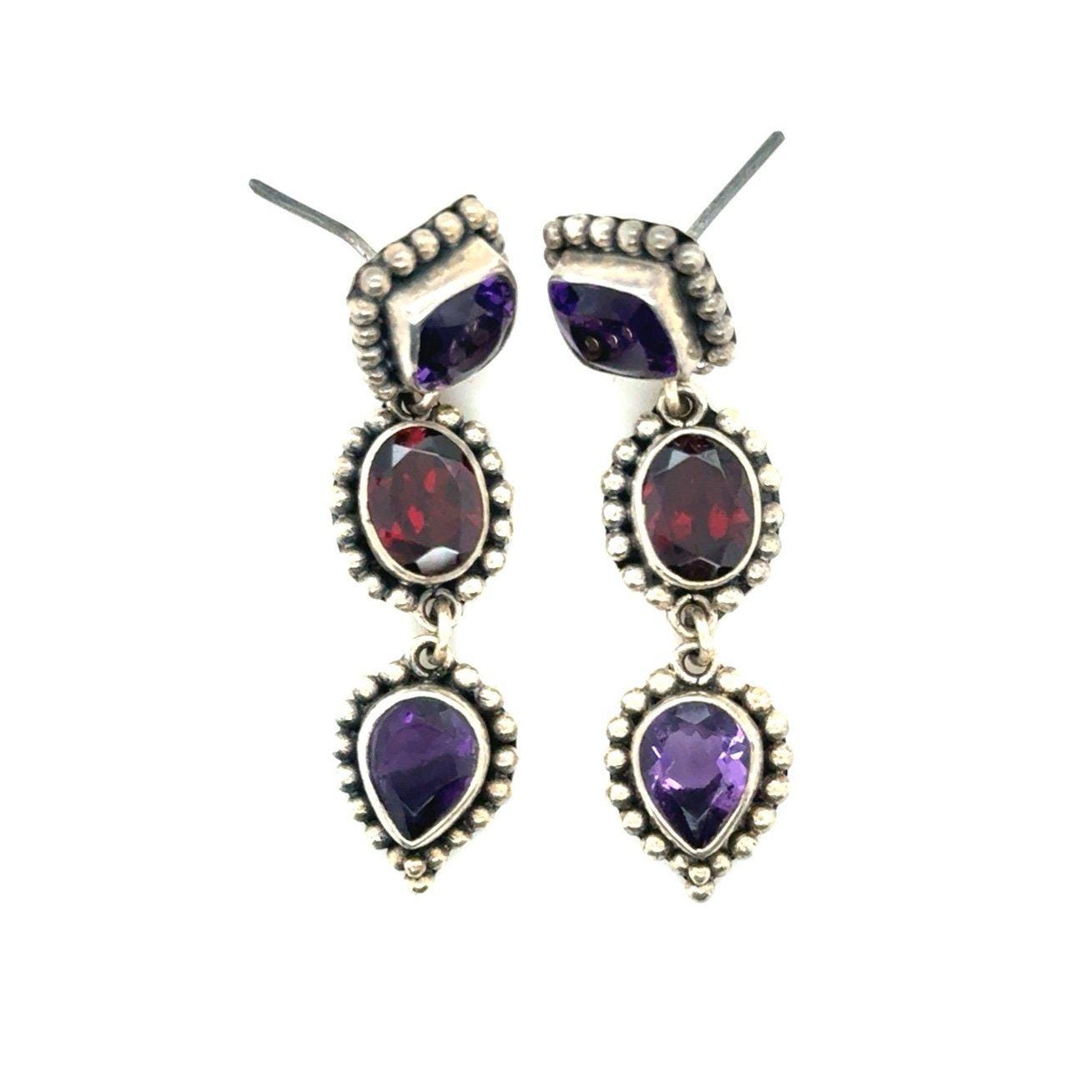 925 Silver Amethysts/Garnet Drop Earrings