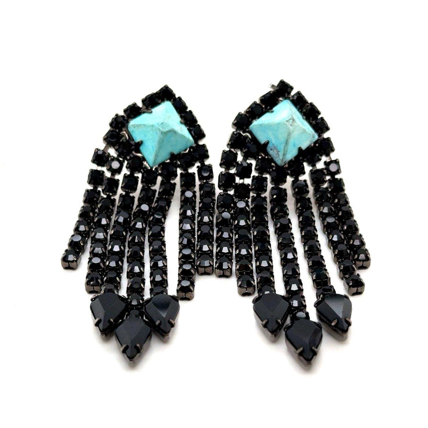 Pyramid Turquoise Black Rhinestones Drop Earrings
