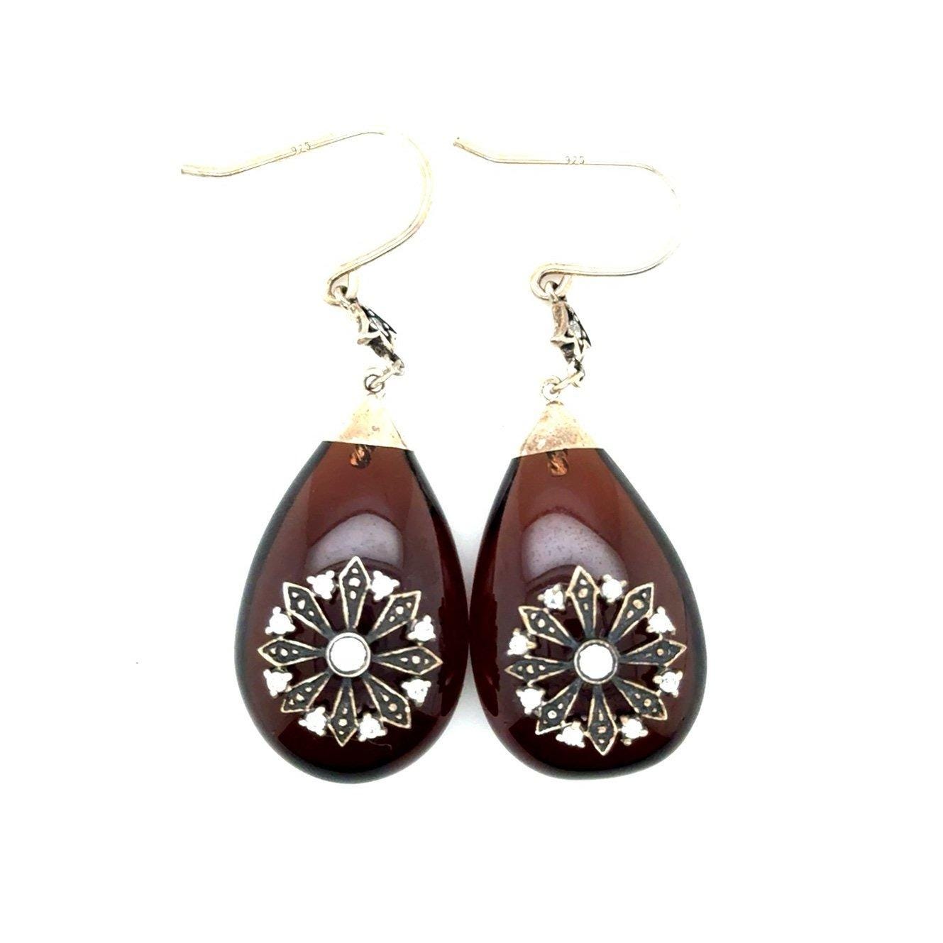925 Brown Stone/Cz Dangle Earrings