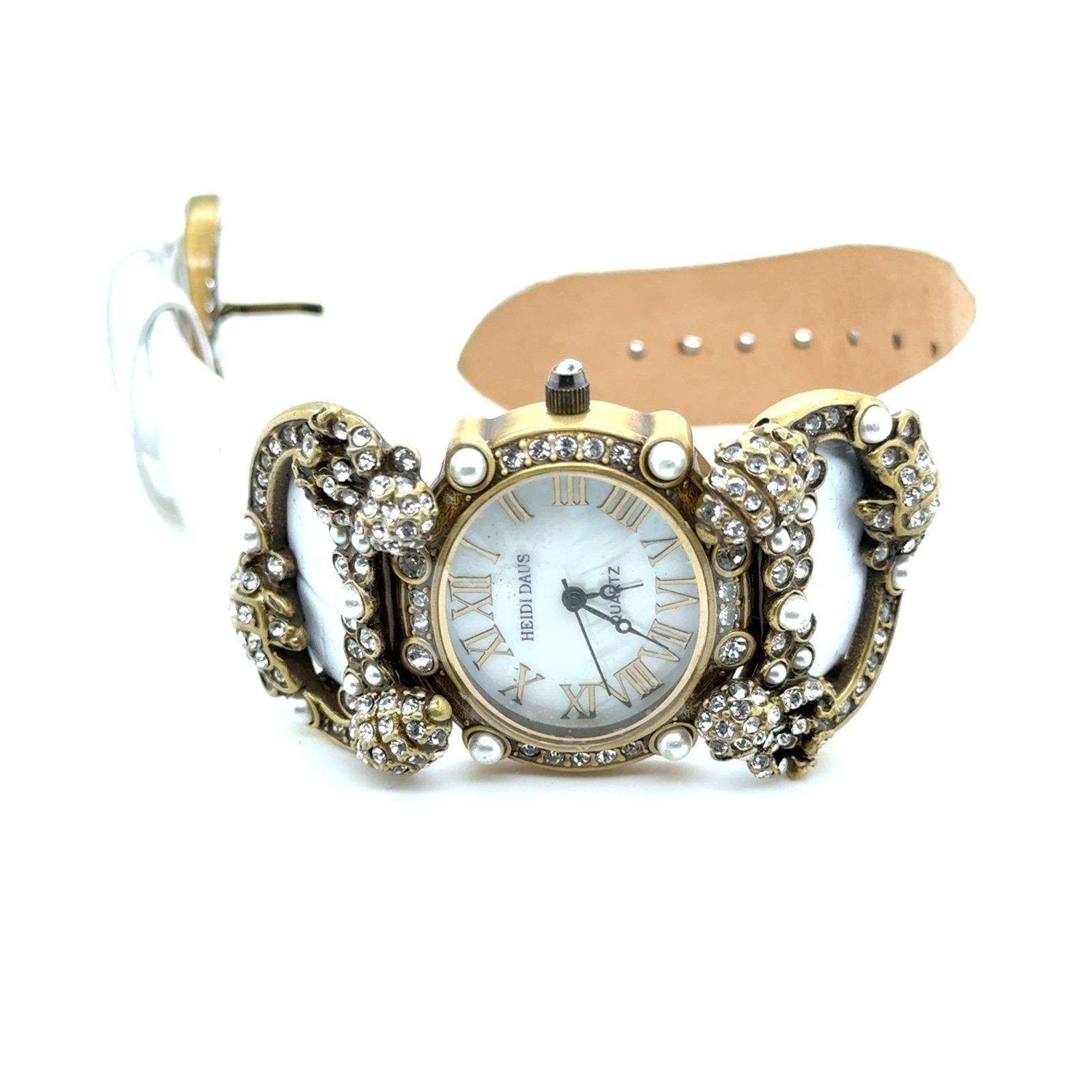 Heidi Daus White Leather Band Pearl/Crystals Watch