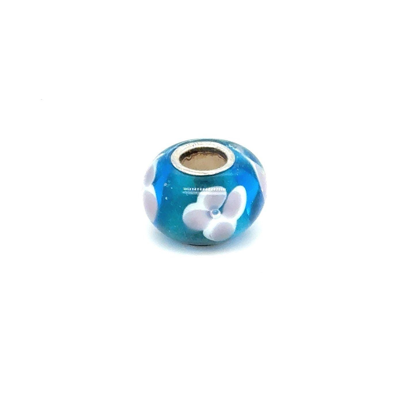 925 Silver Blue Murano Glass White Flower Charm