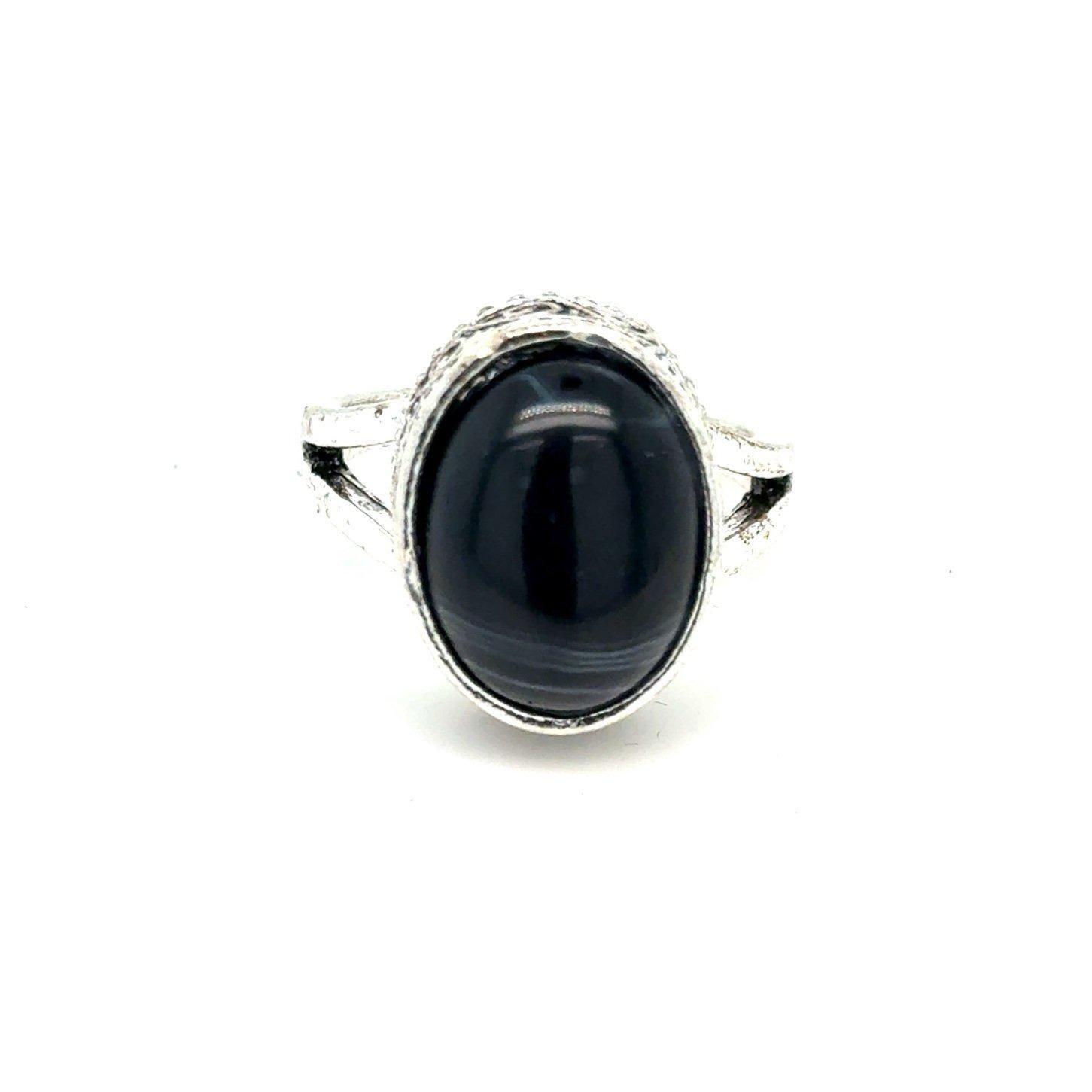 Oval Shaped Black Stone with White Strip Ring