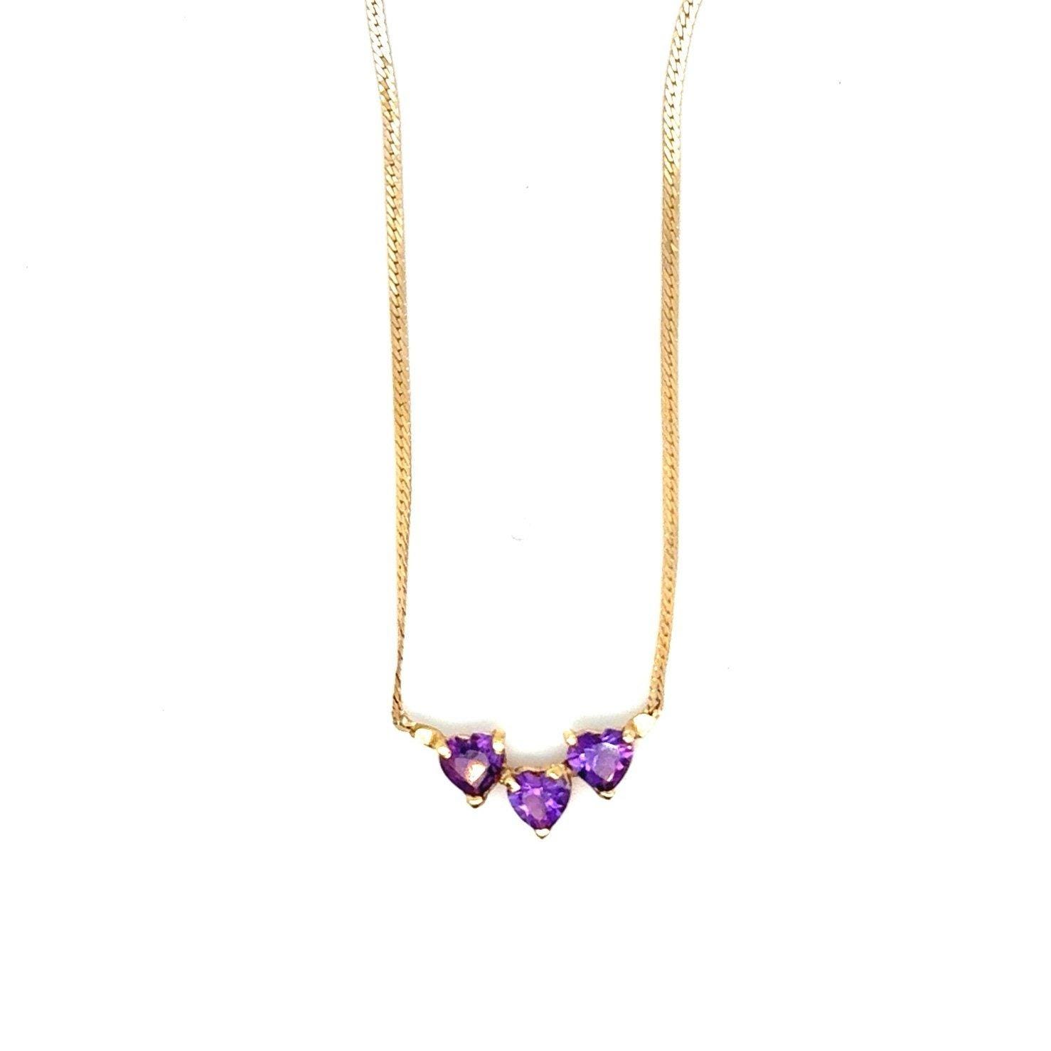 Delicate 14K Gold 3-Heart Shaped Amethysts Necklace