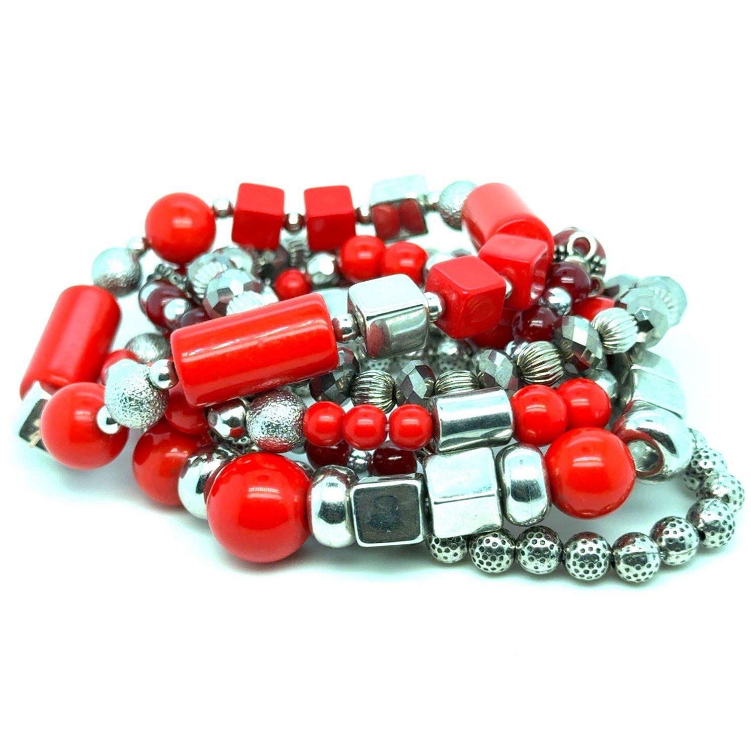 Silver/Red Beaded Bracelet Lot