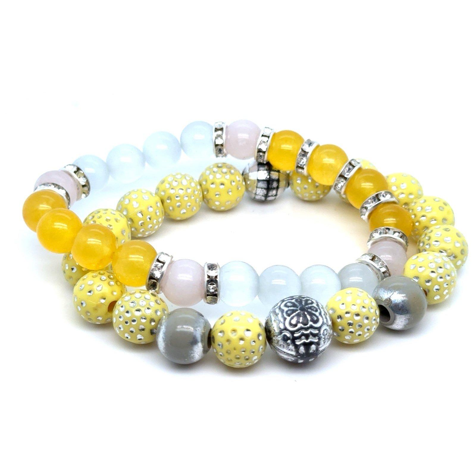 2 White/Yellow Beaded Bracelets