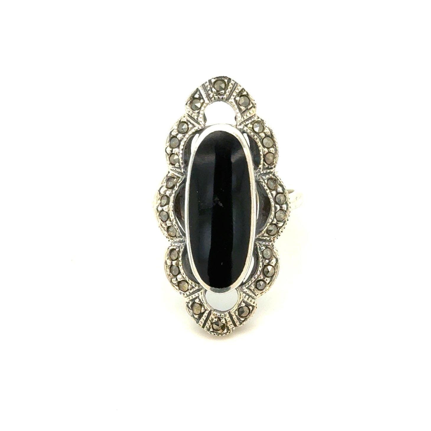 Elongated Onyx/Marcasite Silver 925 Ring