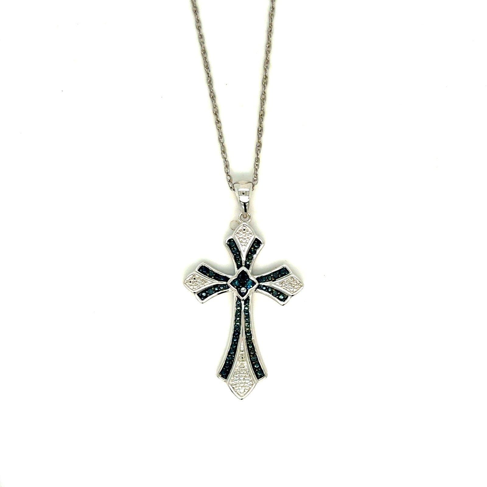 Sterling Silver 925 Blue Diamond Cross Necklace