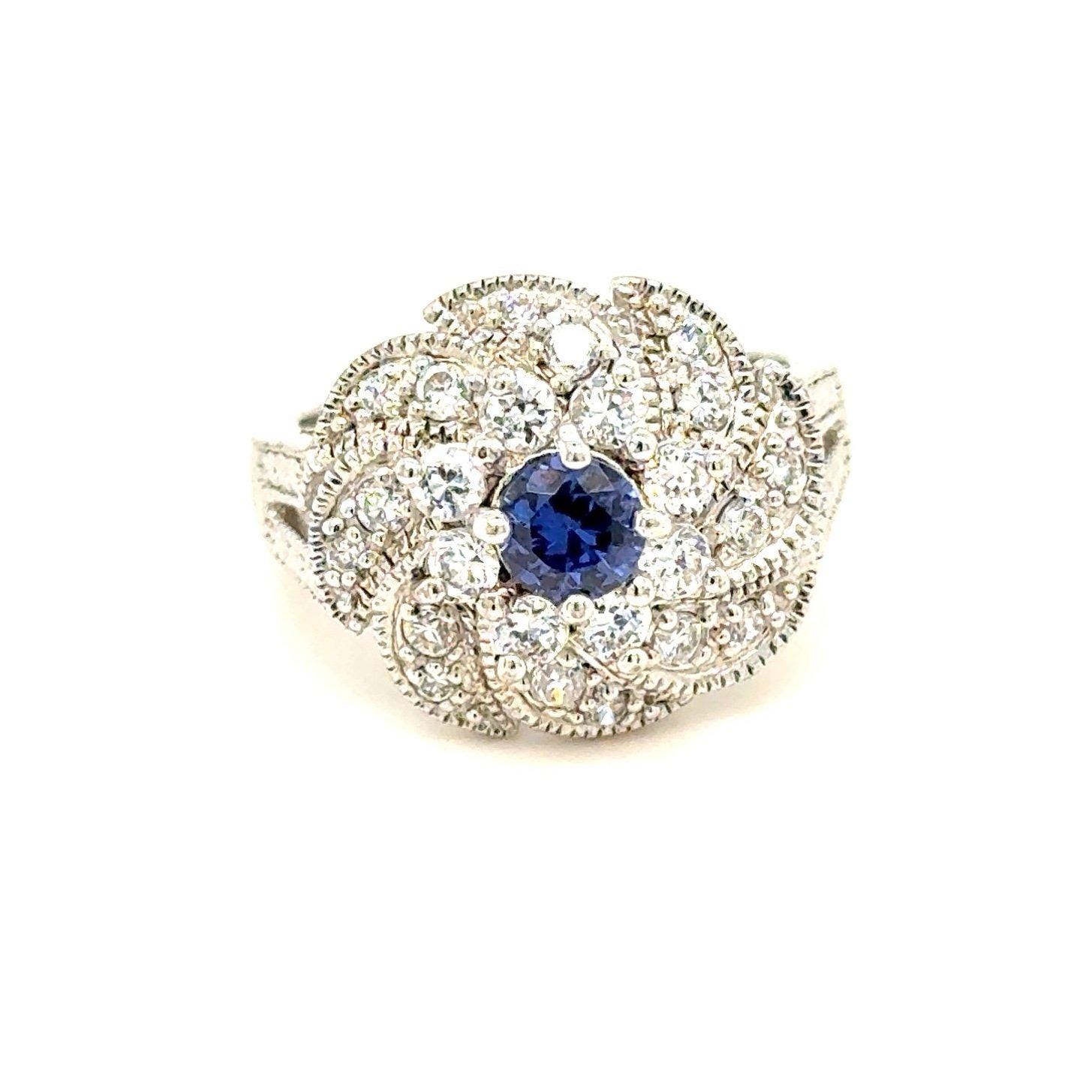 925 Silver Sapphire/Cz Flower Ring
