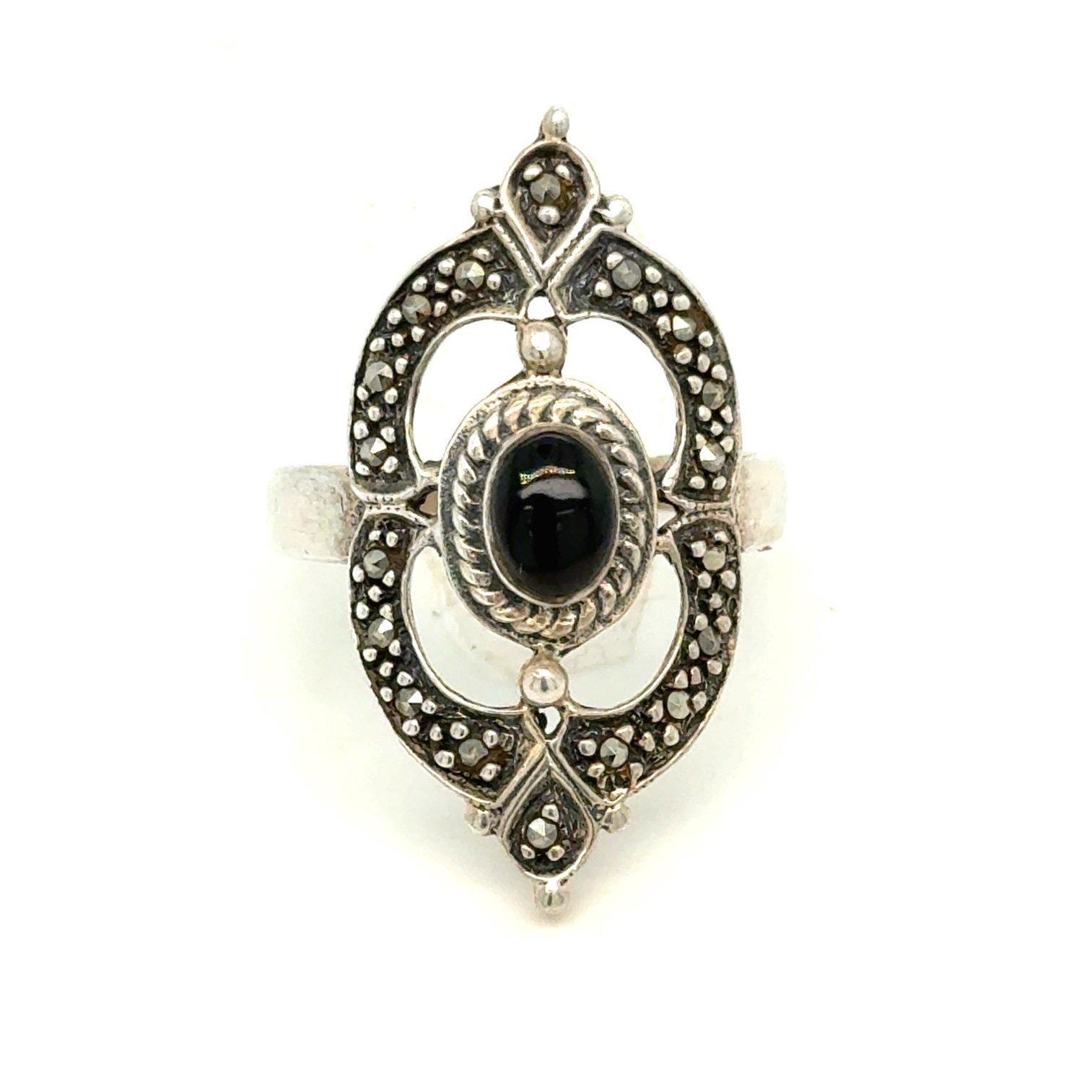 925 Silver Small Onyx/Marcasite Ring