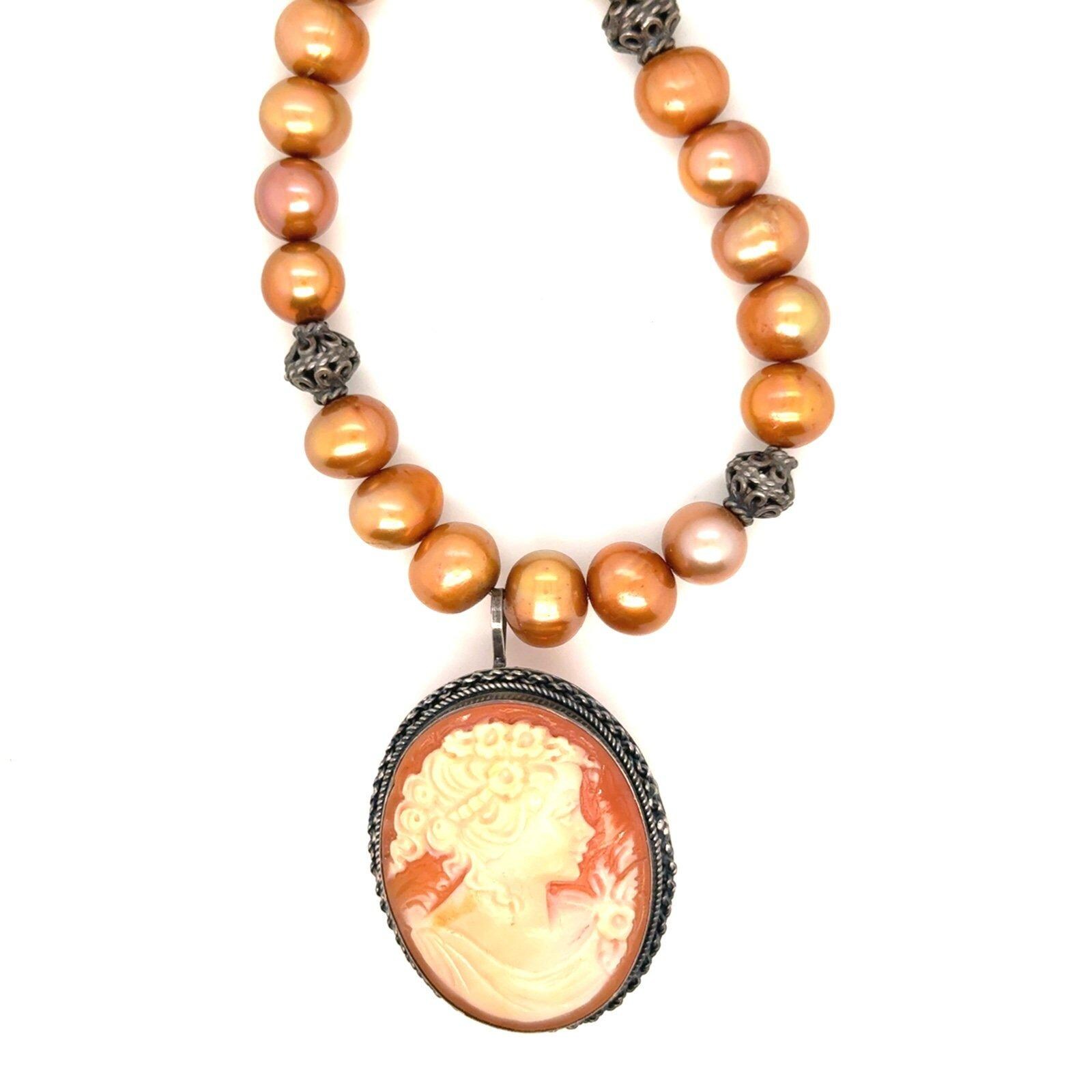 Signed 925 Silver Cameo Beaded Necklace