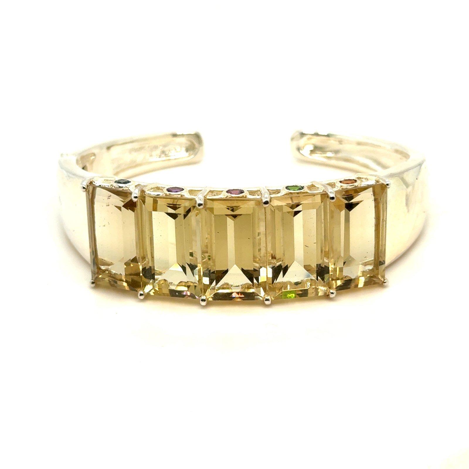 925 Silver/Stainless Steel Hinge Lemon Quartz/Multicolor Side Stones Cuff