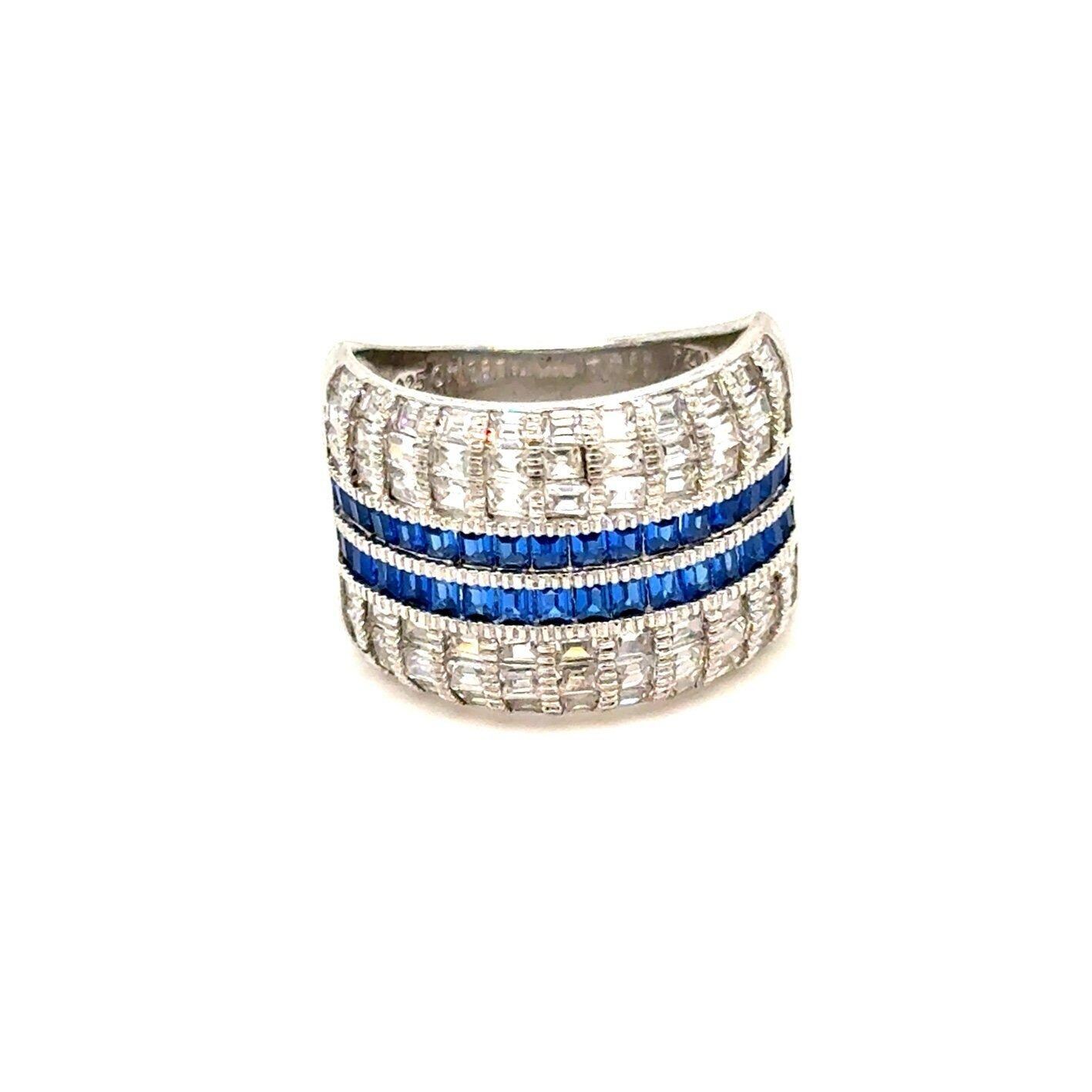 925 Silver Rows of Sapphires/Cz’s Thick Band Ring