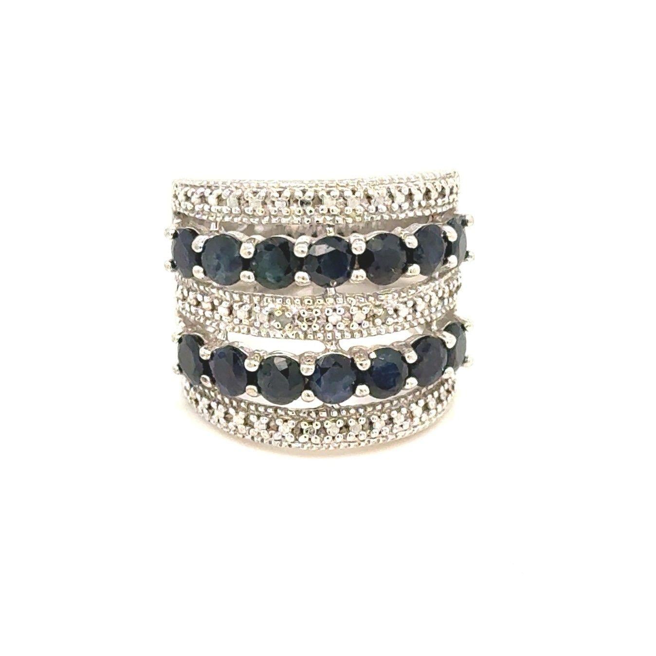 925 Silver Two-Row Sapphires Thick Ring