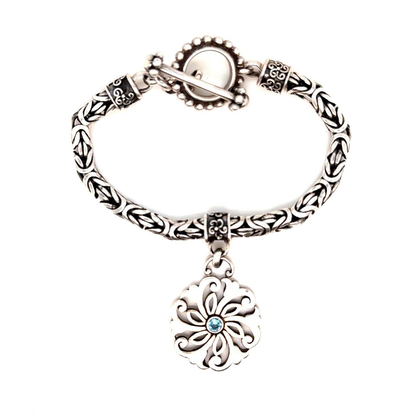 925 Silver Topaz Flower Charm Toggle Bracelet