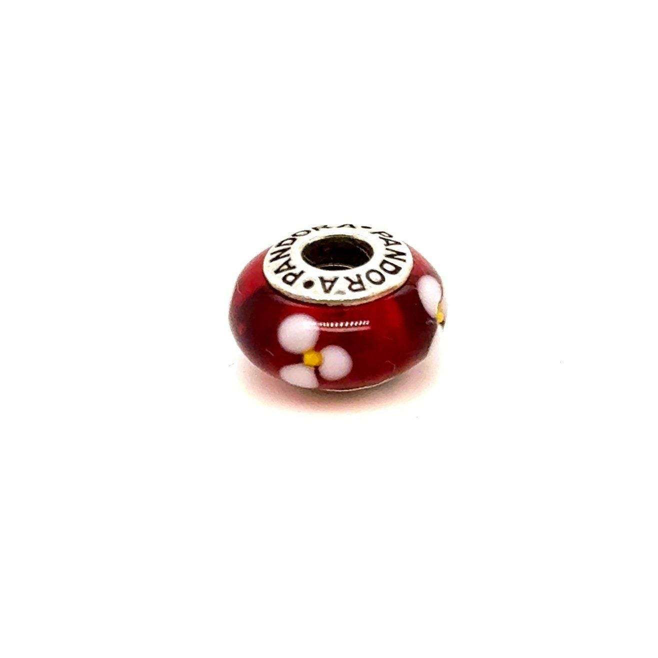 Pandora White Flower Red Murano Glass Charm