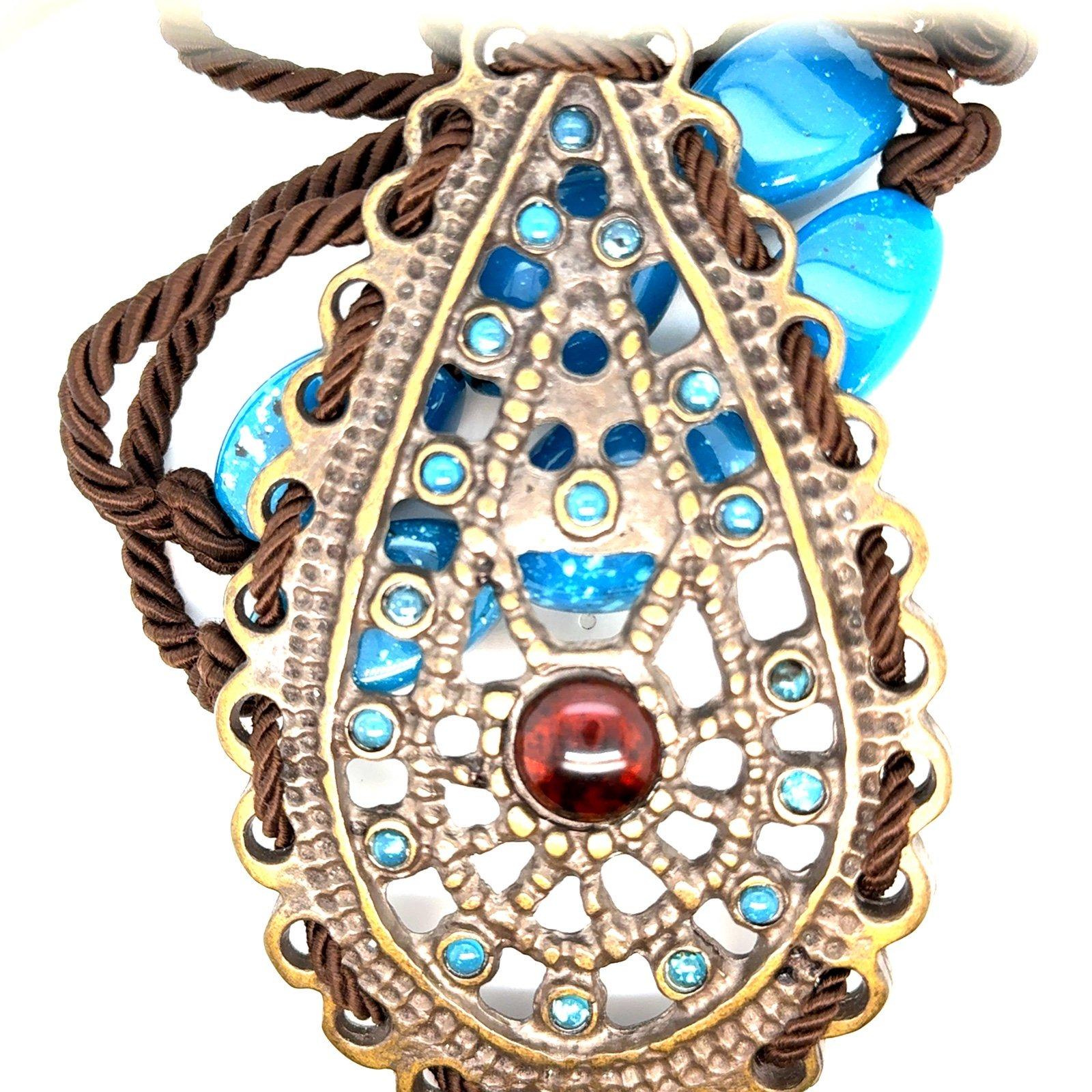 Extra Large Pendant Blue Beads Brown Cord Necklace