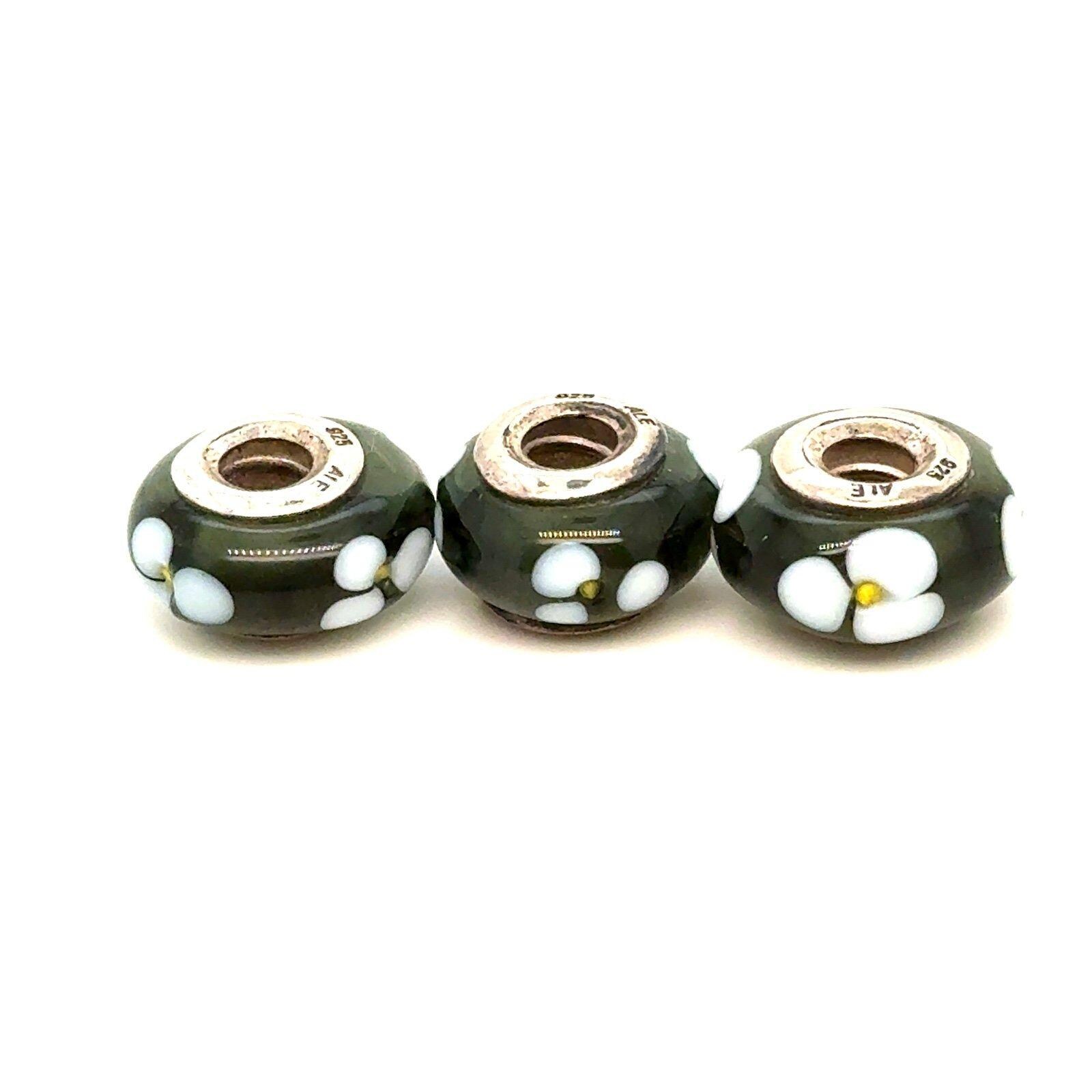 3 Pandora White Flower Murano Glass Charms