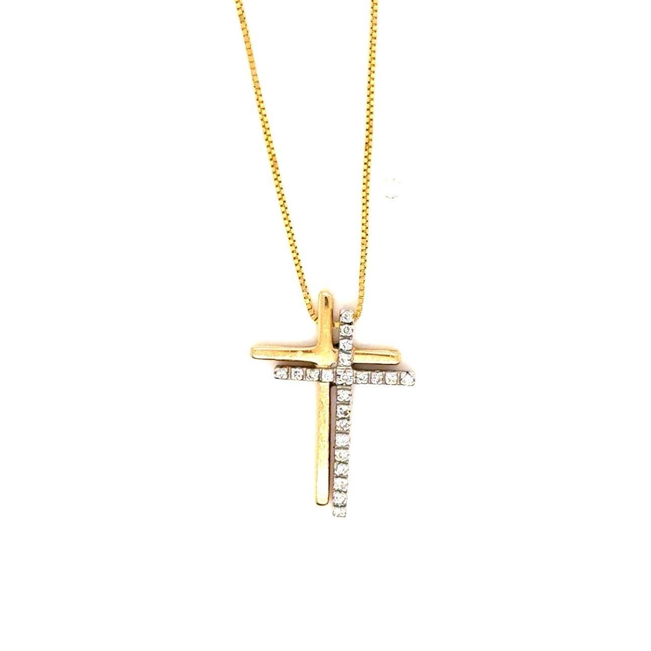 14K Gold Double Cross Diamond Necklace