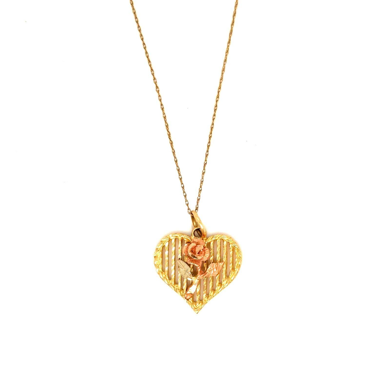 10K Heart with Rose Gold Rose Pendant Necklace