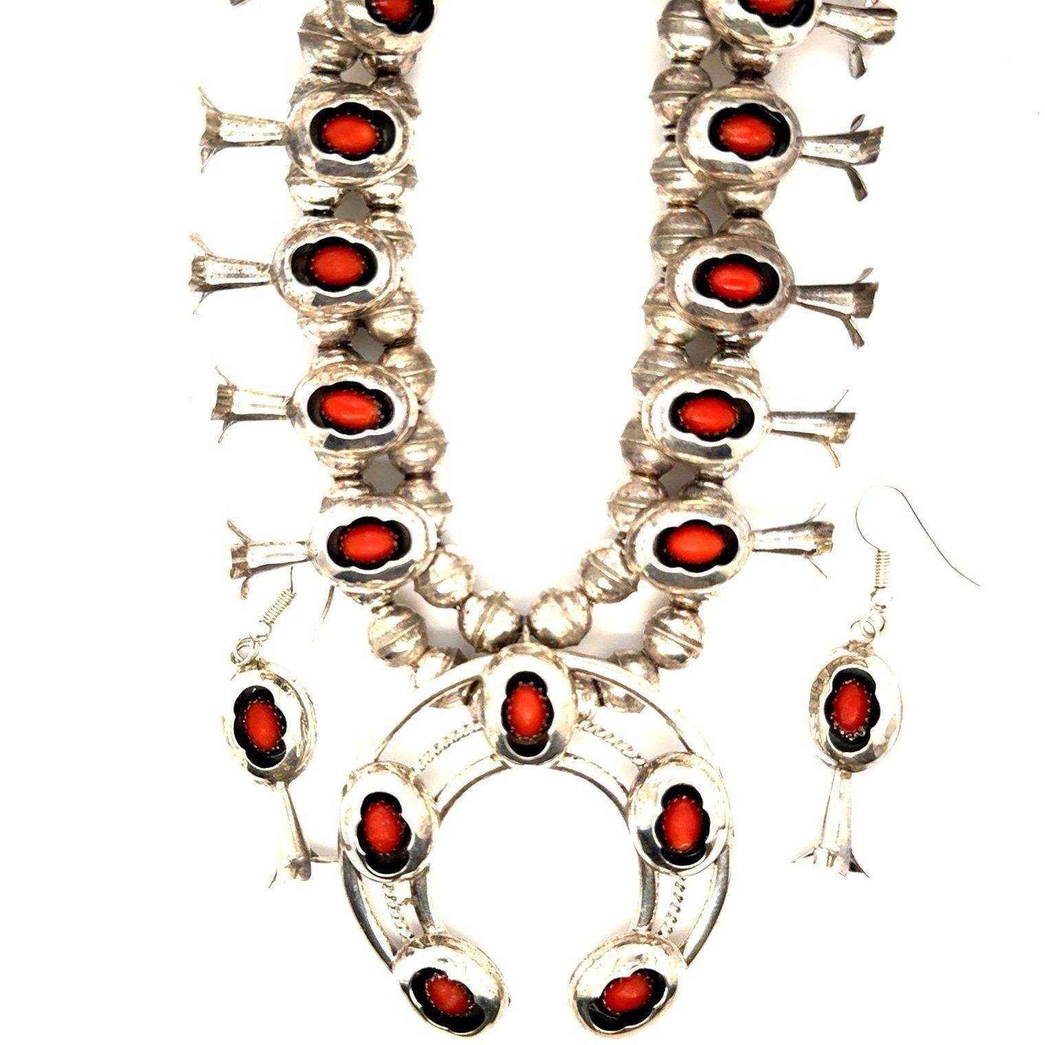 Stunning Navajo Sterling Squash Blossom Coral Set