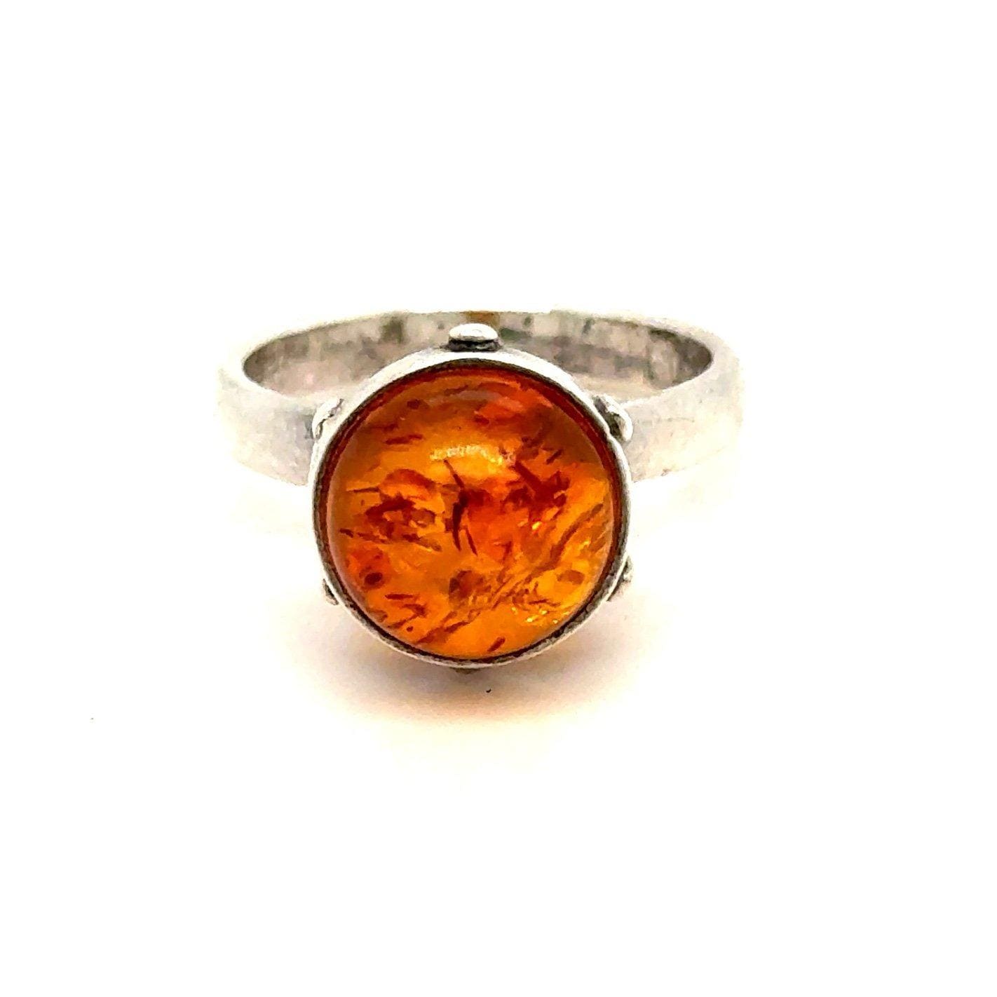 925 Silver Round Amber Ring