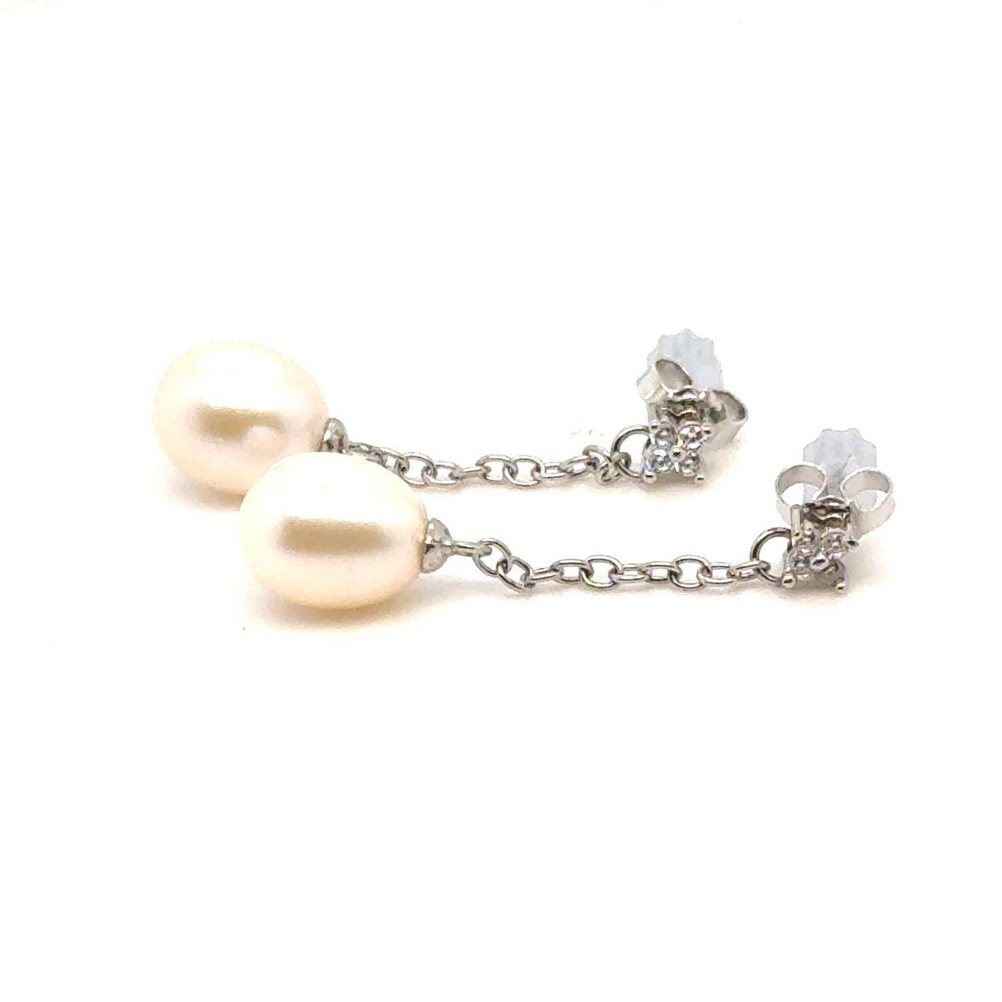 Lovely 925 Sterling Silver Pearl/Cz Drop Earrings