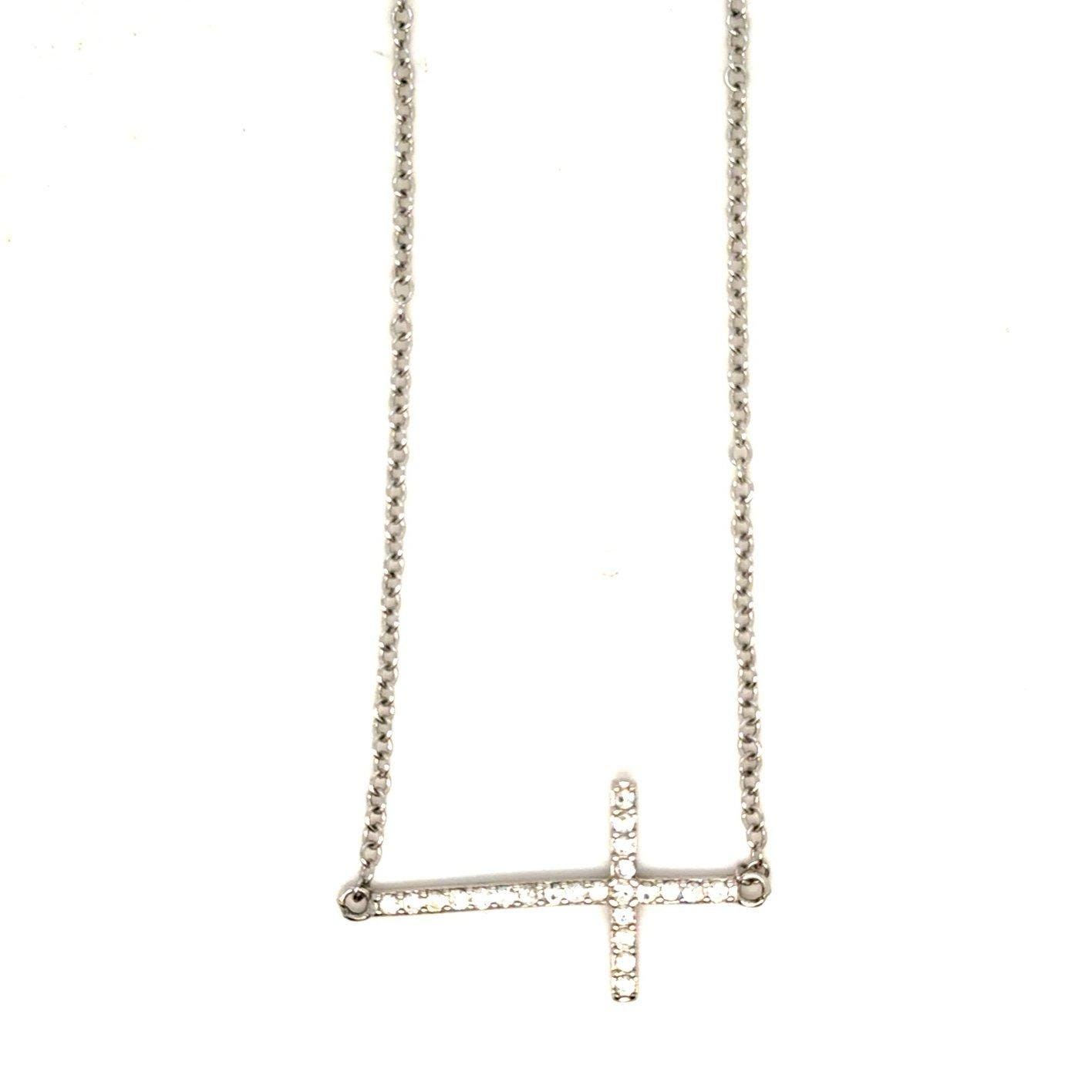 Silver Plated Cz Sideways Cross Necklace