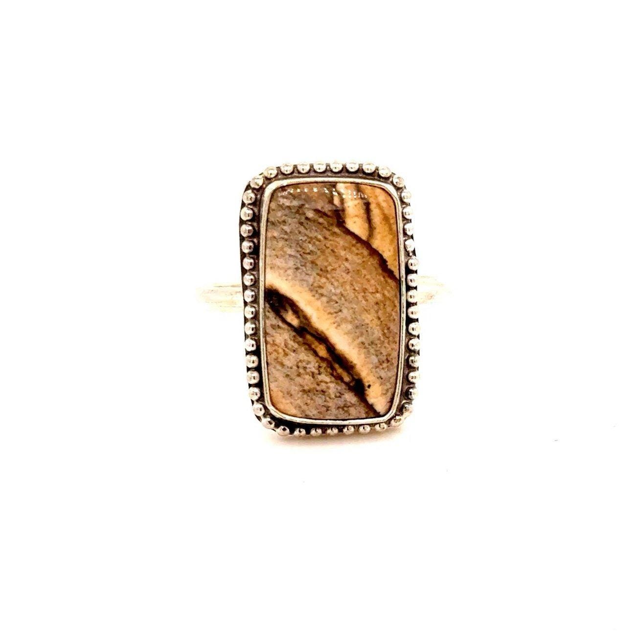 Silver Rectangular Wooden Color Stone Ring