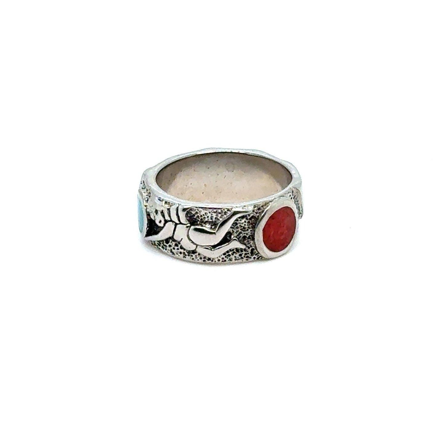 Silver Blue/Red Angel Band Ring