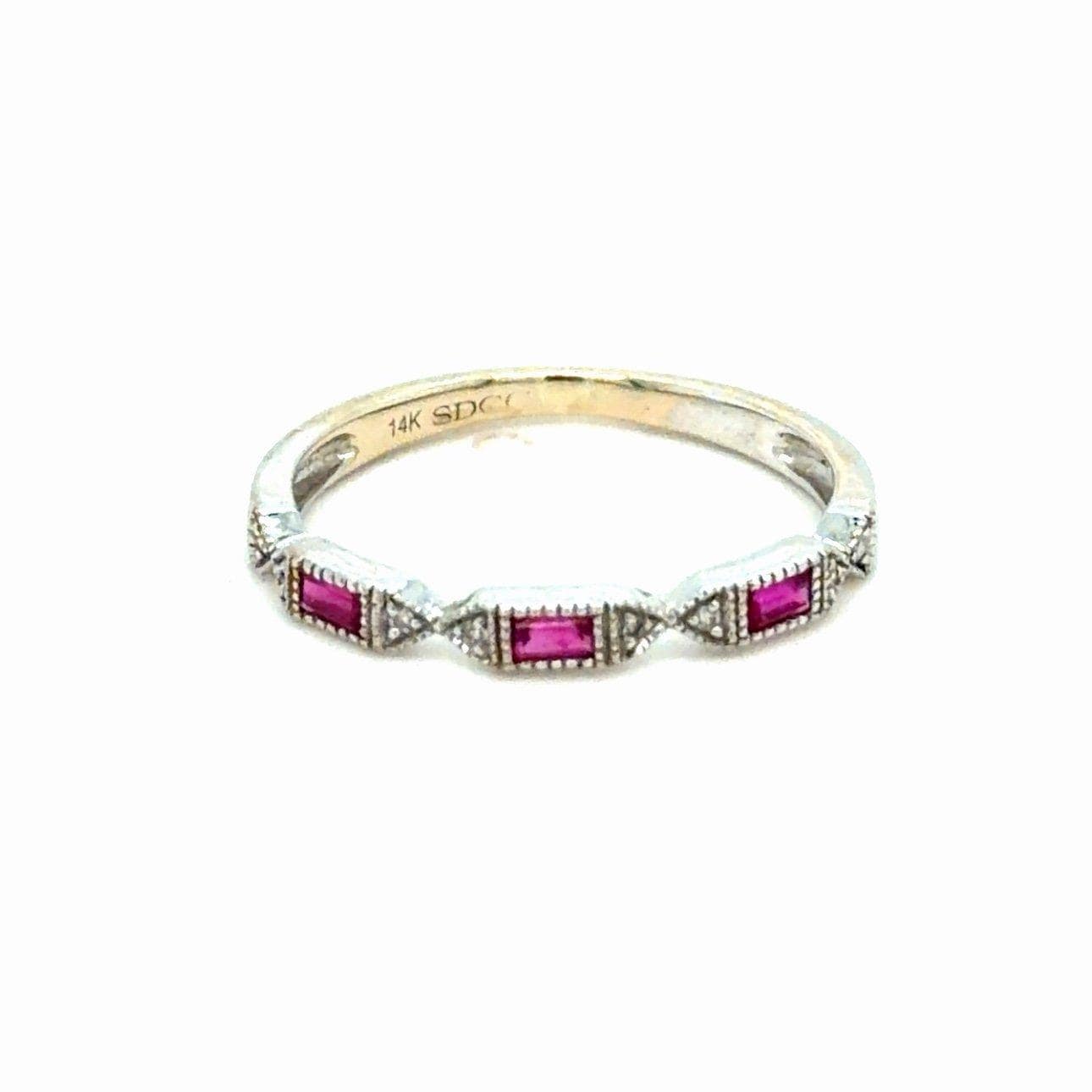 Delicate 14K White Gold Rubies/Diamonds Band Ring