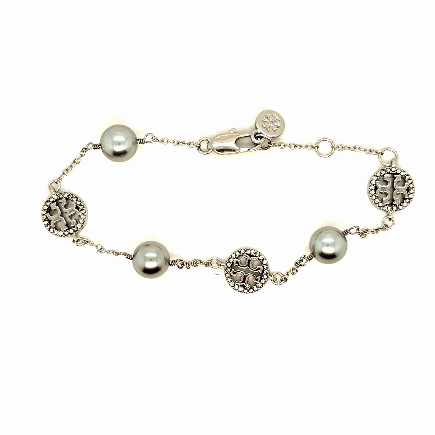 Tory Burch Pearl/Pave Crystals Logo Bracelet