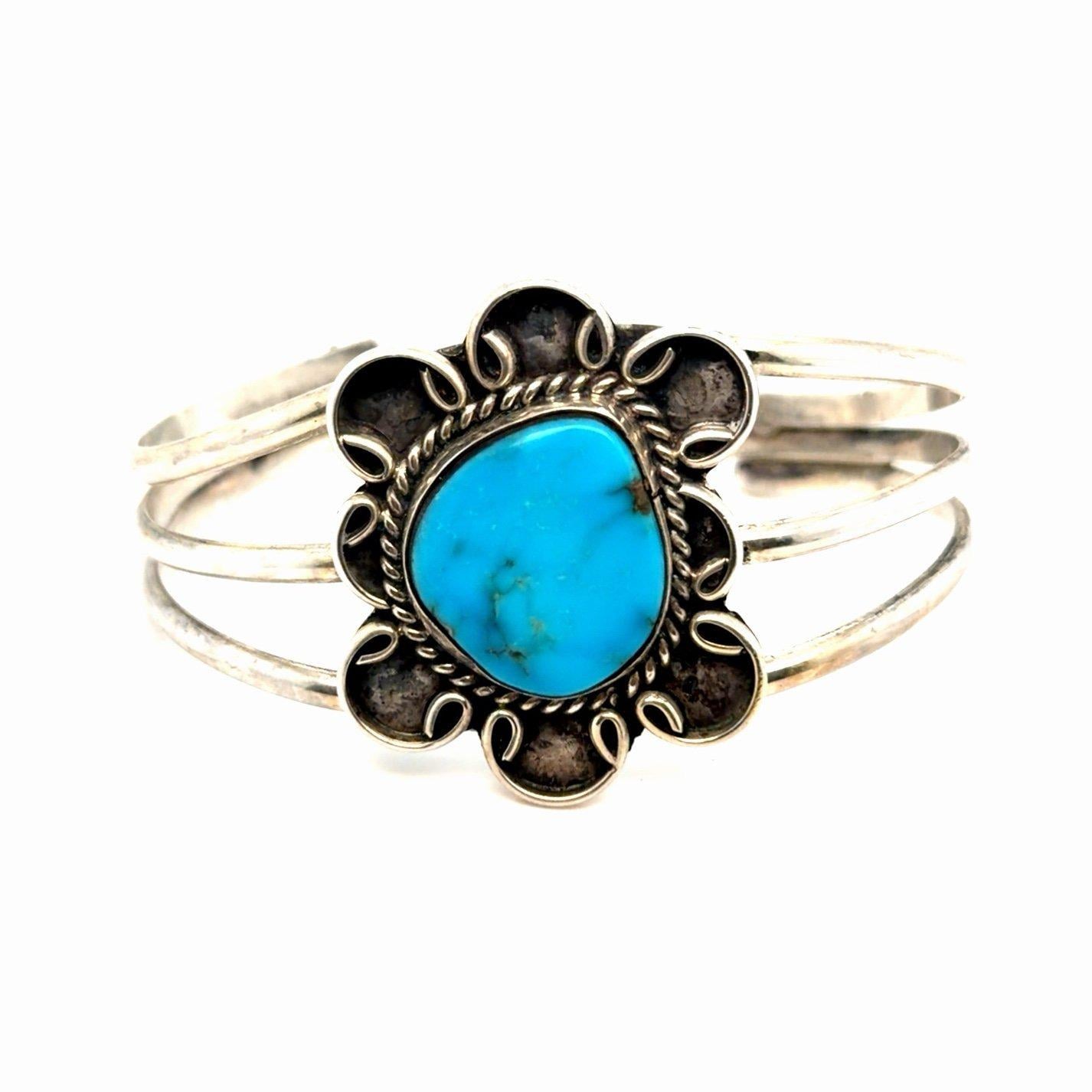 Vintage Silver Flower Turquoise Cuff