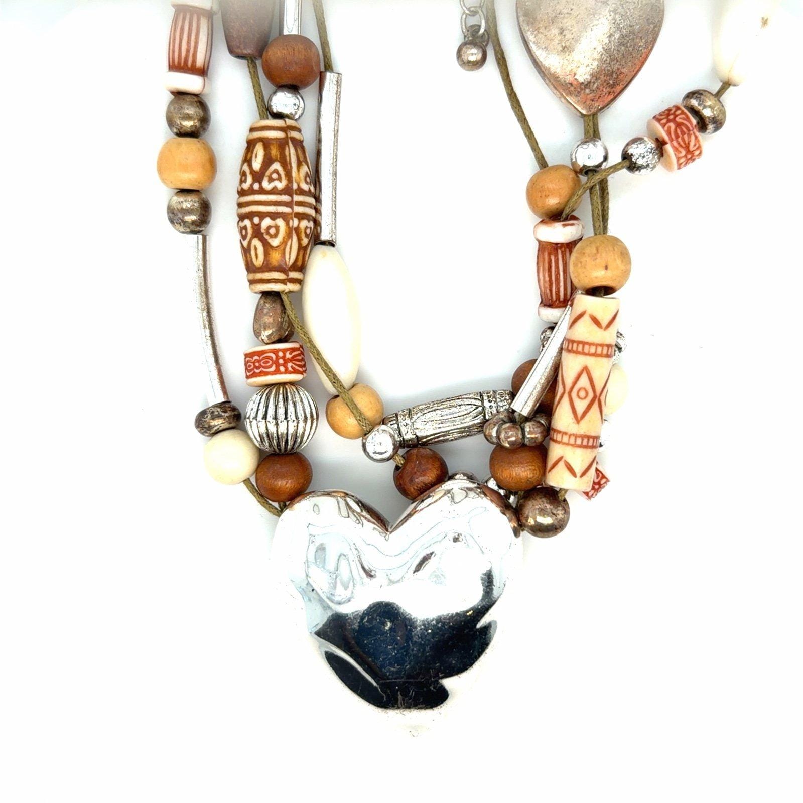 Multi-Strand Brown Beaded Heart Necklace