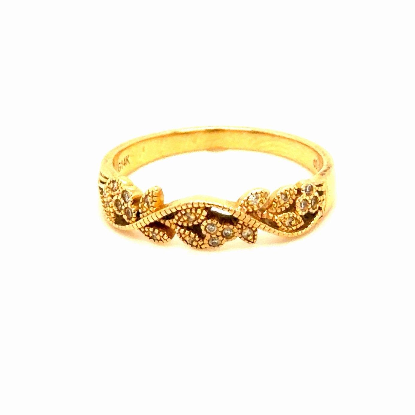 14K Gold Diamond Leaf Design Band Ring