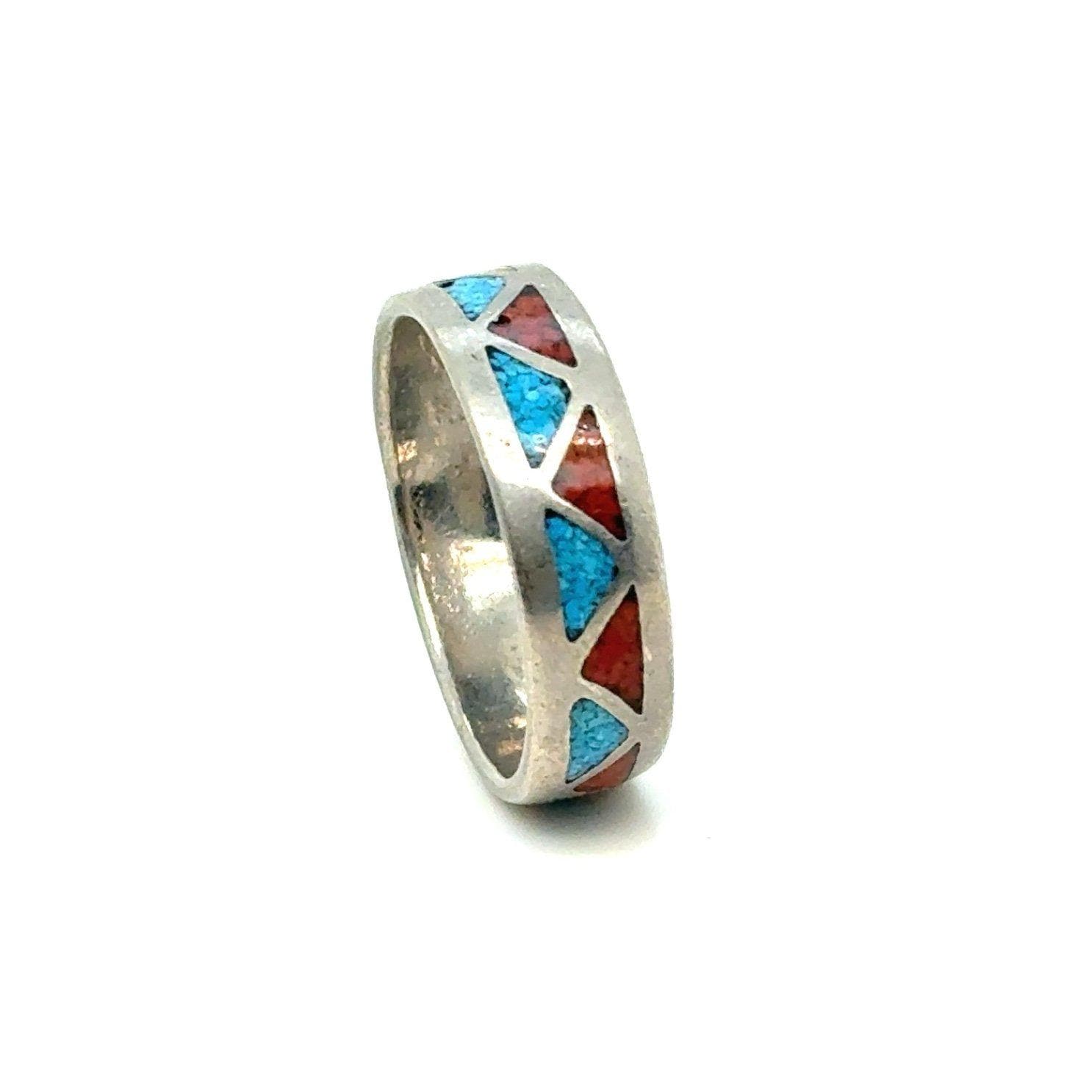 Silver Turquoise/Coral Inlay Band Ring