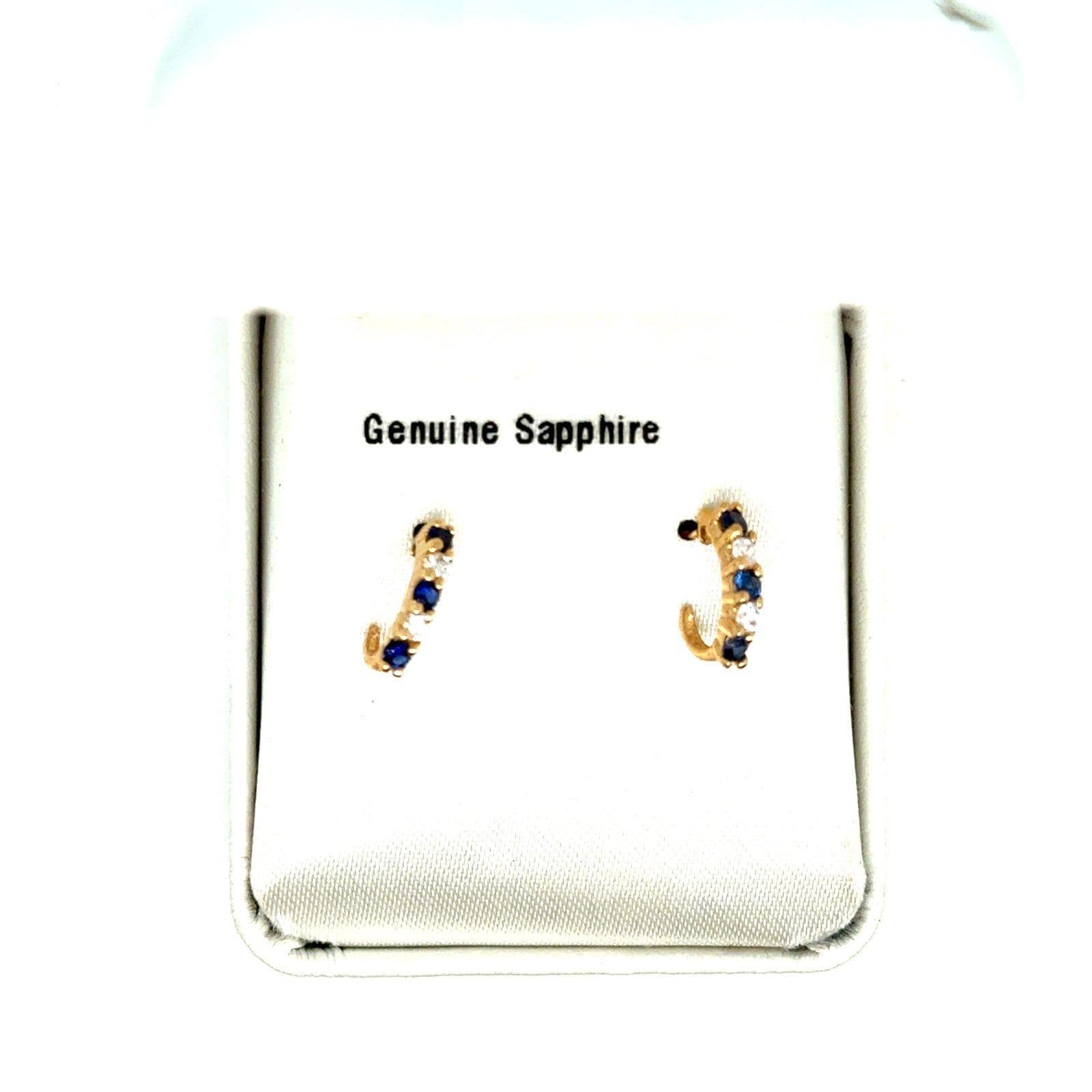 Small 10K Gold Genuine Sapphires/Cz Half Hoops Earrings