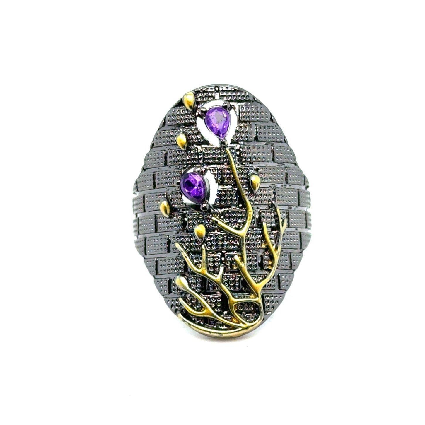 Black Statement Ring with Purple Stones