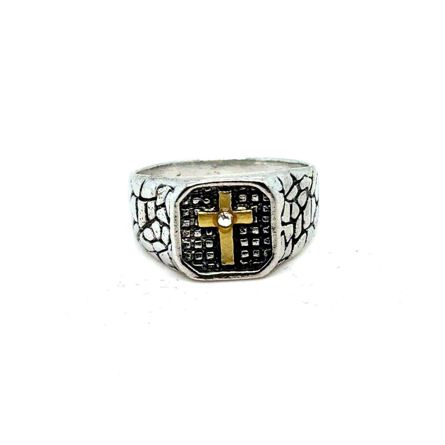Cz Golden Cross Silvertone Ring