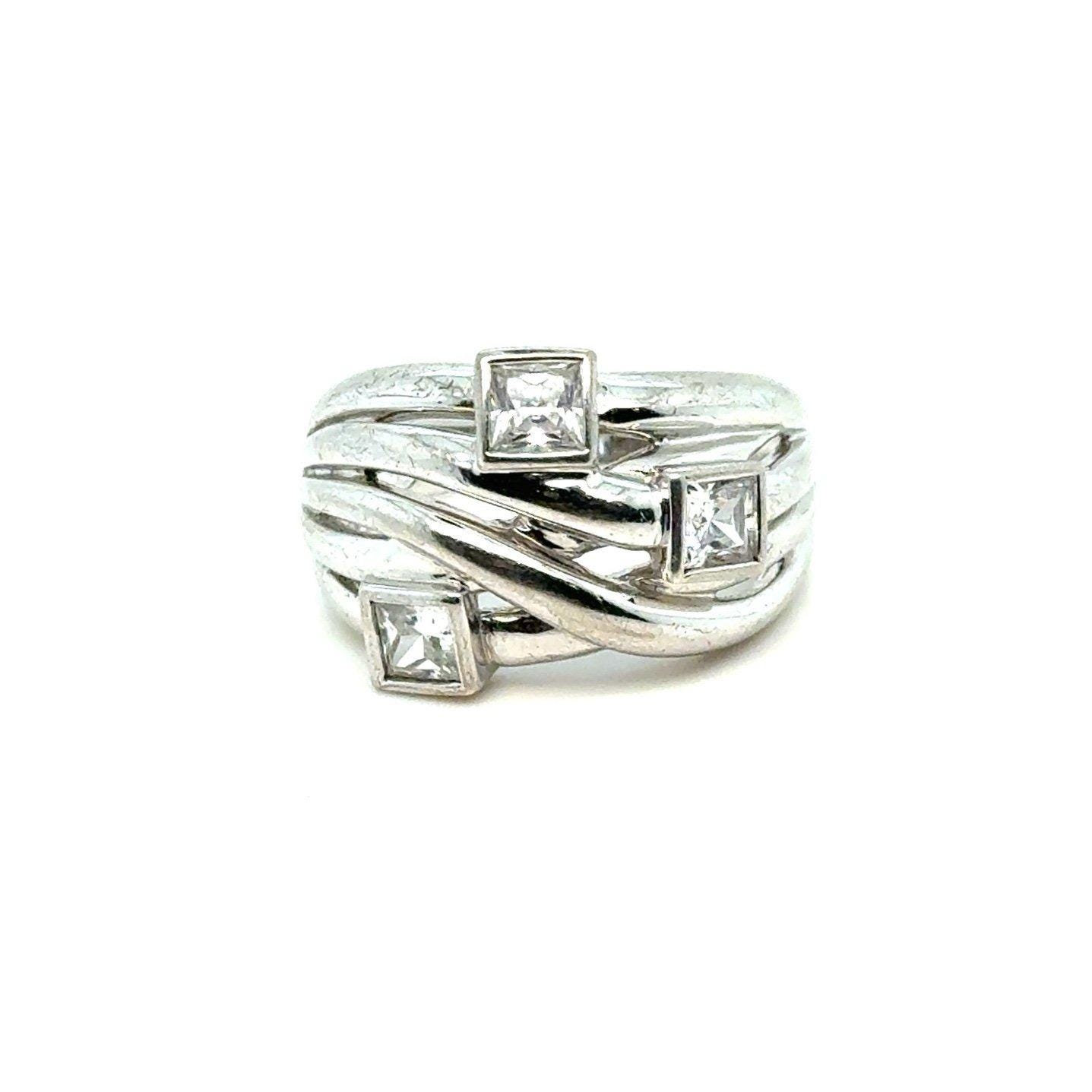 Silver 925 Criss-Cross Pattern Princess Cut Cz Ring