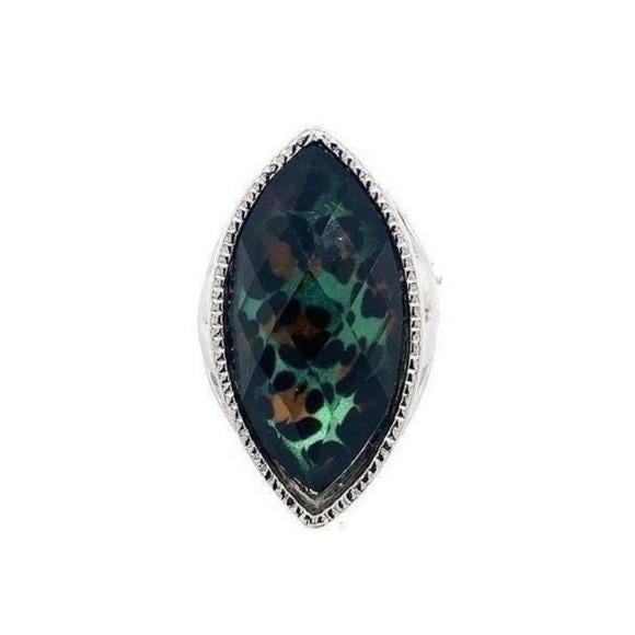 Silver Marquise Green Leopard-Print Statement Ring