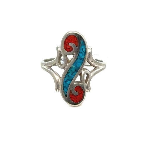 Turquoise and Red Inlay Silver Swirl Ring - Women Jewelry