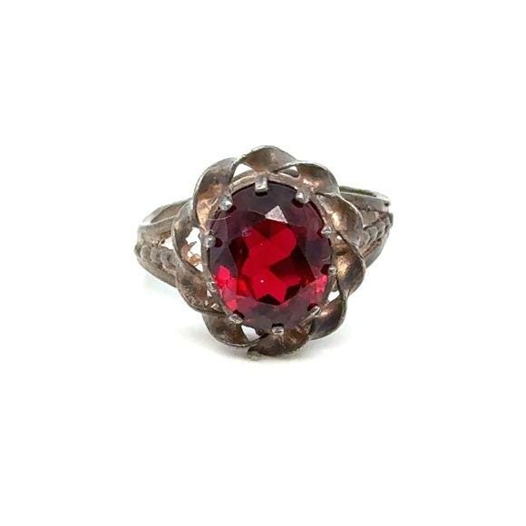Red Stone Floral Halo Ring - Women’s Jewelry