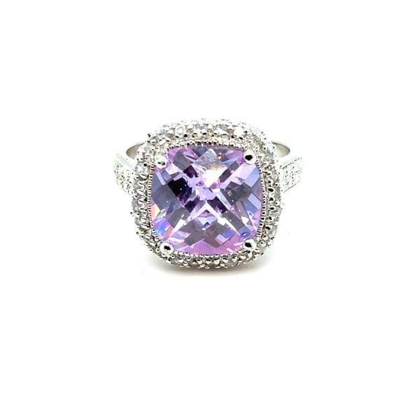 Silver Tone Cushion Cut Lilac CZ Halo Ring