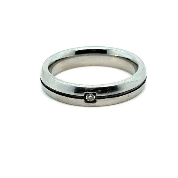 Polished Silver-Tone Band Ring with Center Accent Stone