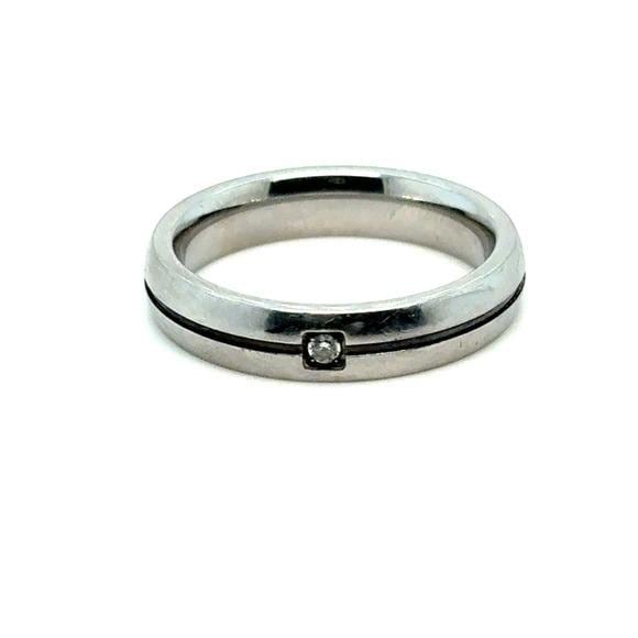 Polished Silver-Tone Band Ring with Center Accent Stone