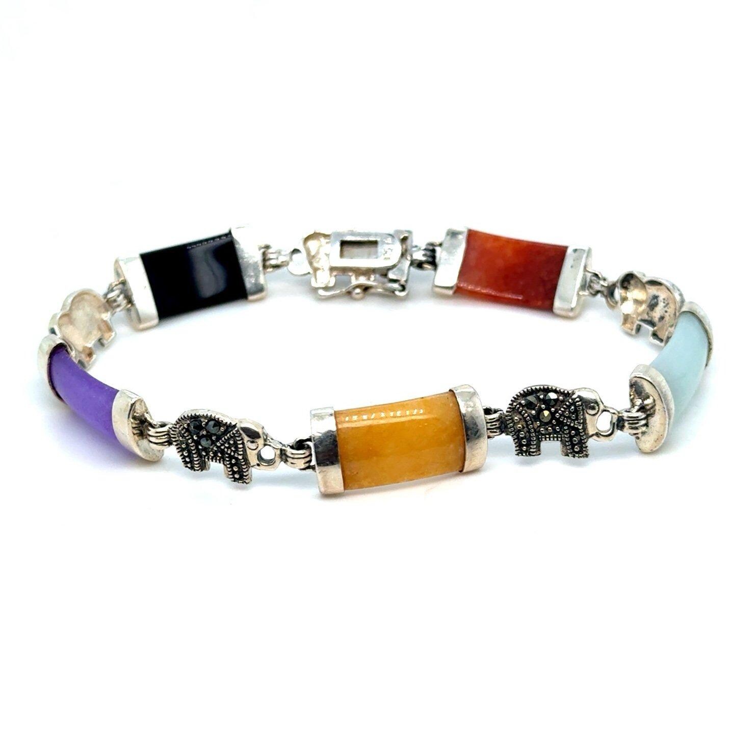 Silver 925 Elephant Jade/Marcasite Bracelet